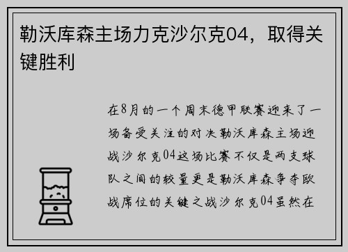勒沃库森主场力克沙尔克04，取得关键胜利