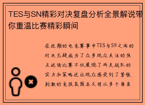 TES与SN精彩对决复盘分析全景解说带你重温比赛精彩瞬间