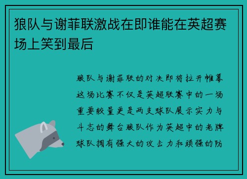 狼队与谢菲联激战在即谁能在英超赛场上笑到最后