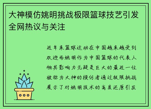 大神模仿姚明挑战极限篮球技艺引发全网热议与关注